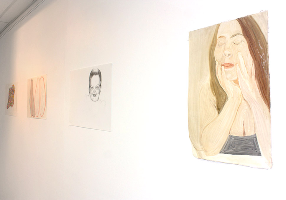 Art, gallery install of several figurative artworks by Maya Walker