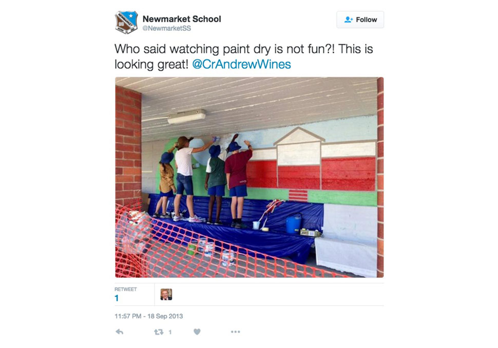 Twitter tweet from Newmarket School featuring Newmarket mural, by Maya Walker