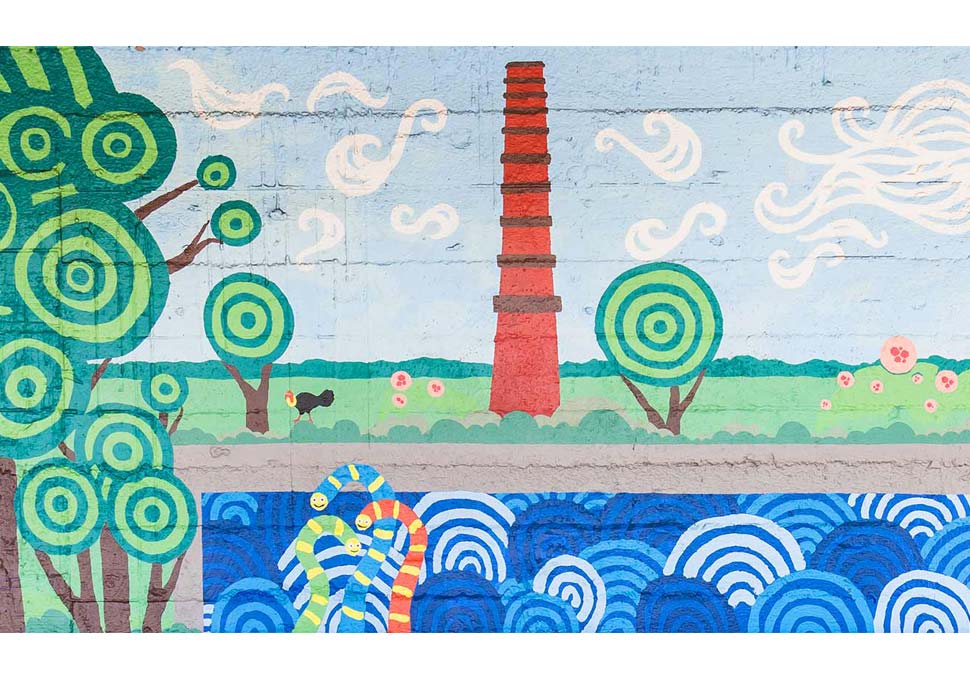 Art, detail of mural painted at bus stop featuring brightly coloured landscape of Newmarket, by Maya Walke