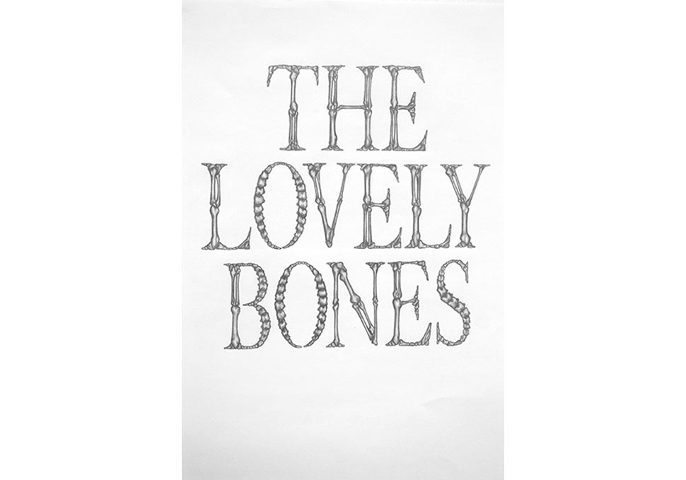 Art, graphite drawing of bones spelling The Lovely Bones