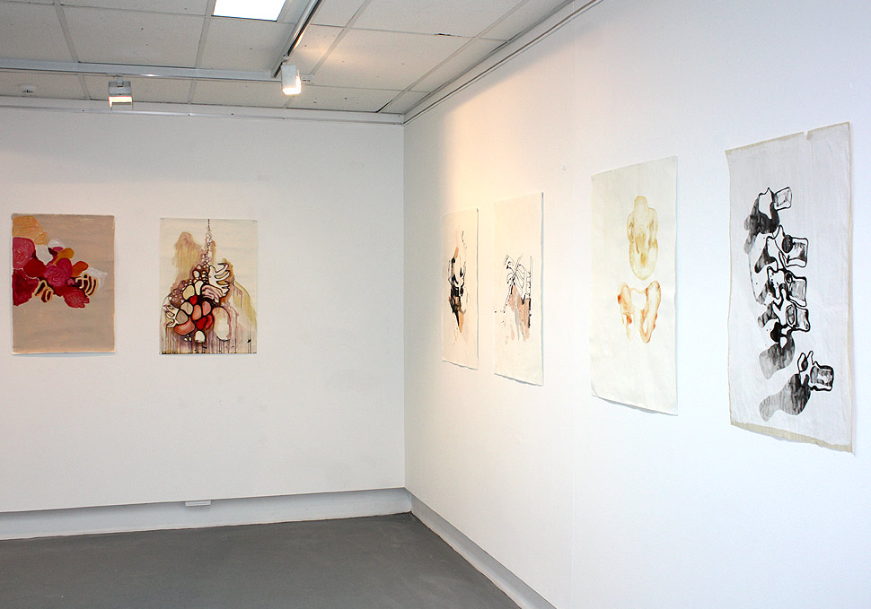 Art, gallery install of 6 artworks by Maya Walker