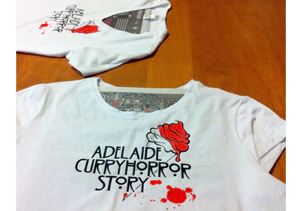 Graphic design, deatil of screen printed shirt Curry Horror, Adelaide Curry Horror by Maya Walker
