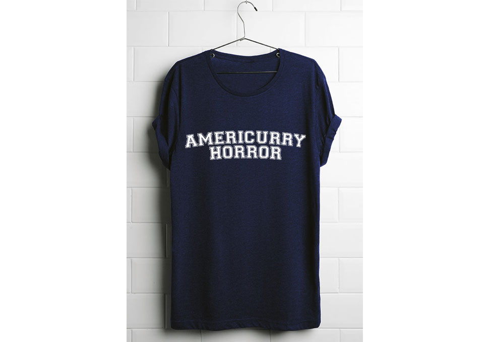 Graphic design, screen printed shirt Curry Horror, Americurry Horror by Maya Walker