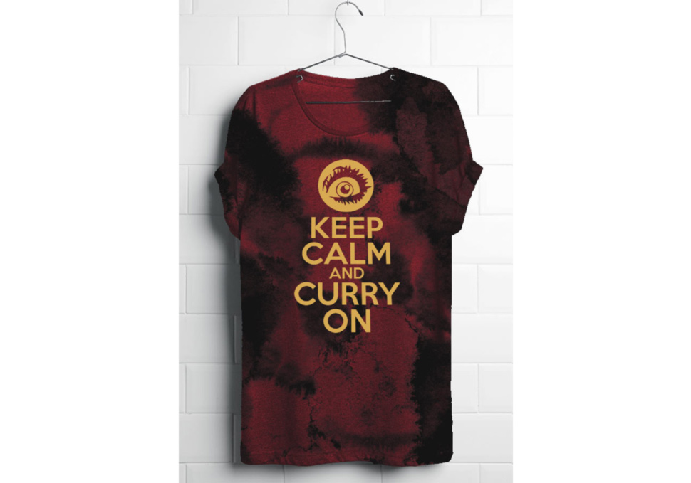 Graphic design, screen printed shirt Curry Horror, Keep Calm and Curry On by Maya Walker