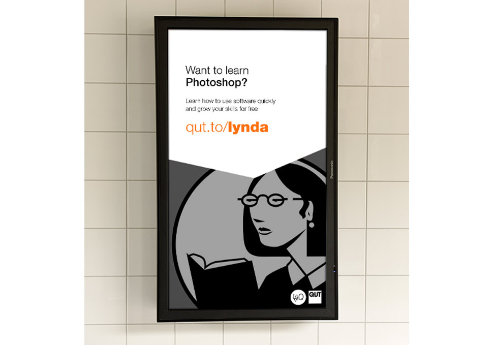 Graphic design, portrait HiQ digital signage 'Learn software quickly' by Maya Walker