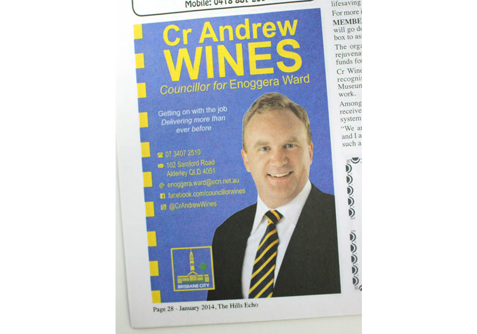 Graphic design, Brisbane City Council Cr Wines advertisement in newspaper by Maya Walker