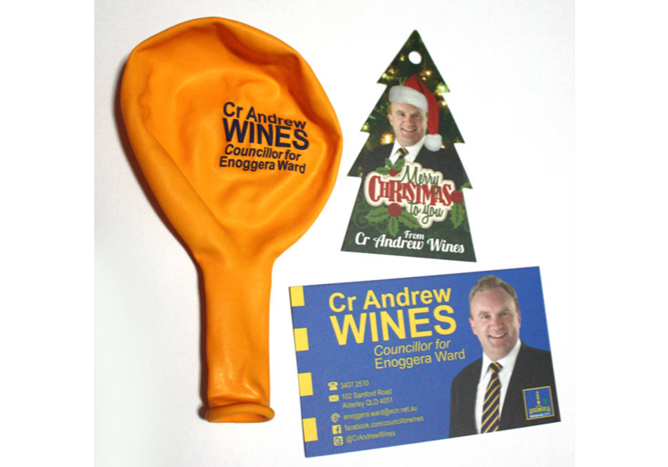 Graphic design, Brisbane City Council Cr Wines merchandise including balloon, Christmas tag and business card by Maya Walker