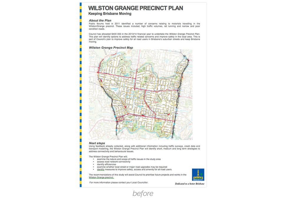 Graphic design, Brisbane City Council Wilston Grange Precinct Plan flyer before redesign