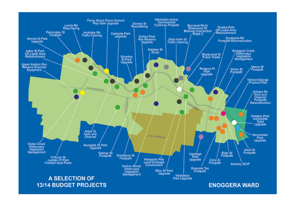 Graphic design, Brisbane City Council Enoggera Ward Budget 13/14 projects map by Maya Walker