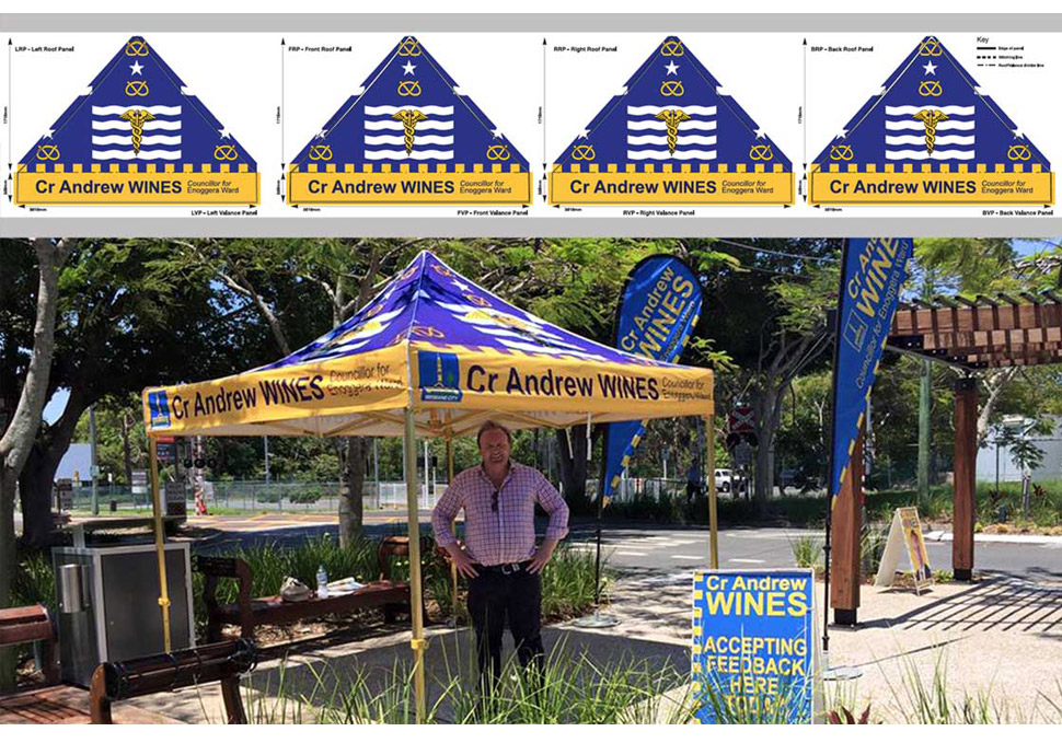 Graphic design, Brisbane City Council marquee and signage next to design by Maya Walker