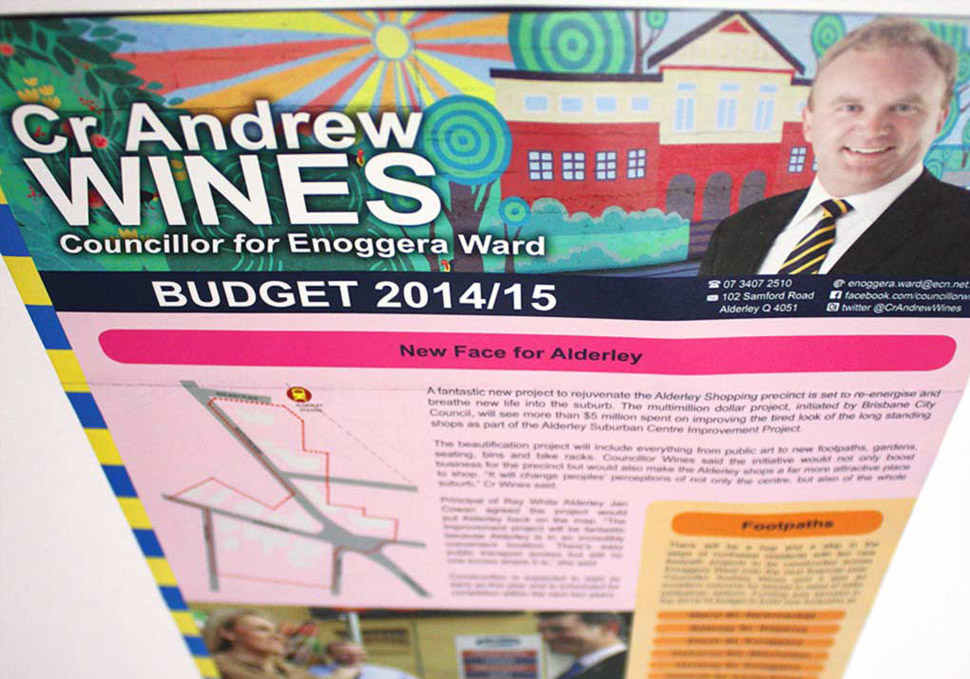 Graphic design, Brisbane City Council Enoggera Ward Budget 14/15 newsletter by Maya Walker