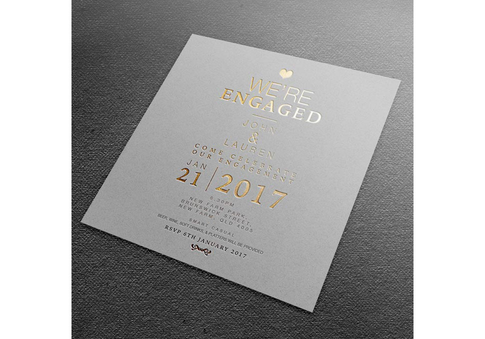 Graphic design, Engagement party print invitation with gold foil by Maya Walker