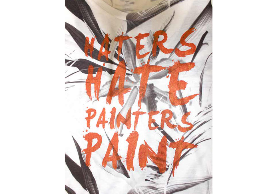 Graphic design, detail of screenprinted patterned shirt 'haters hate painters paint' by Maya Walker