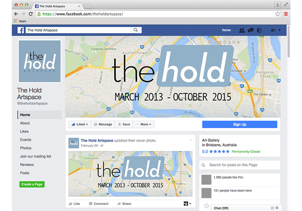 Graphic design, The Hold Artspace social media images on Facebook by Maya Walker