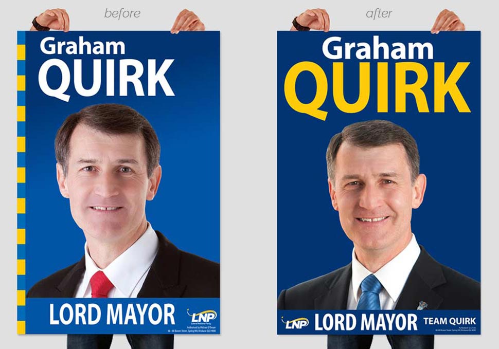 Graphic design, Lord Mayor Graham Quirk corflute before and after redesign by Maya Walker