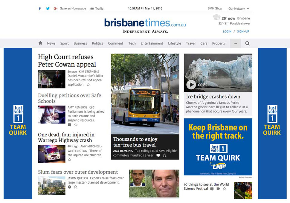 Graphic design, Lord Mayor Graham Quirk website takeover advertisementon Brisbane Times by Maya Walker