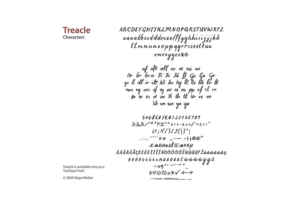 Graphic design, available characters for typeface Treacle ttf by Maya Walker